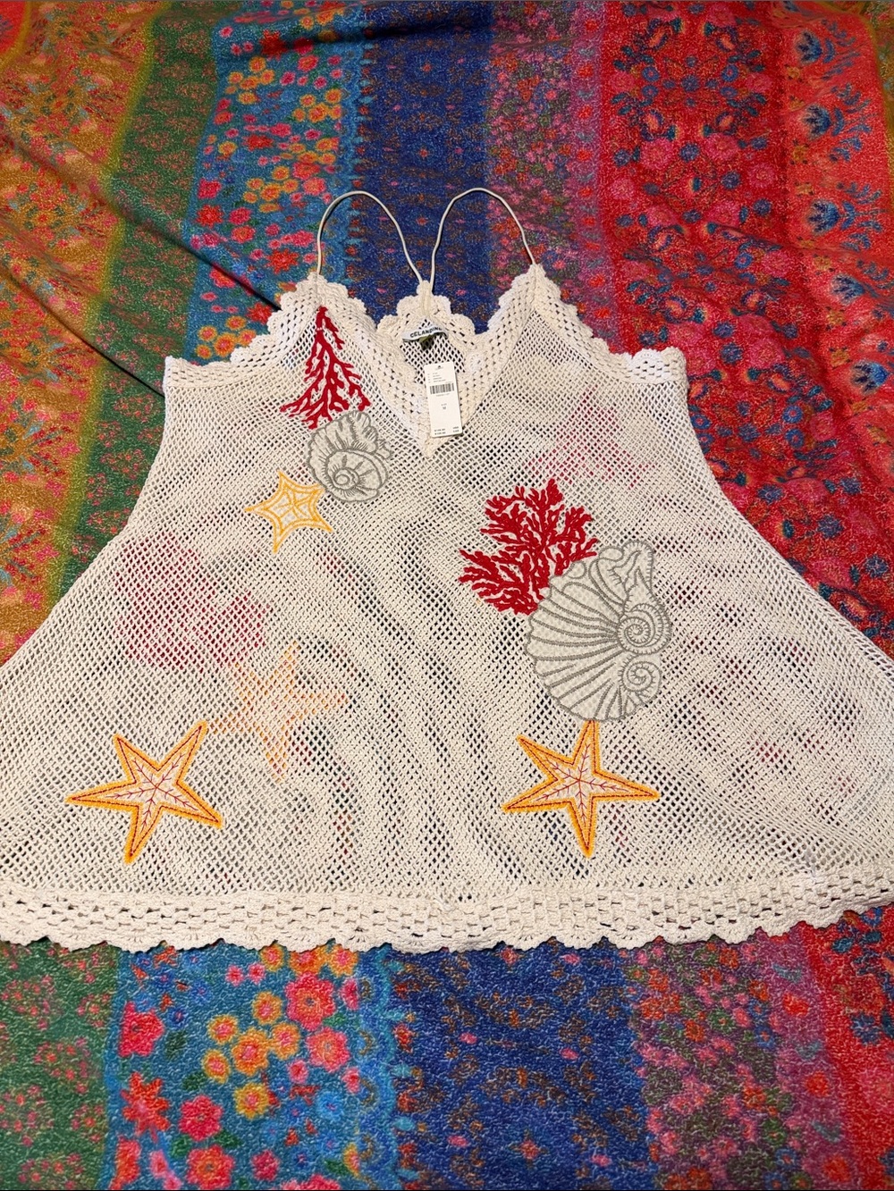 Anthropologie Cream Crochet Mesh Swim Coverup with Red and Yellow Embroidery - Picture 6 of 10